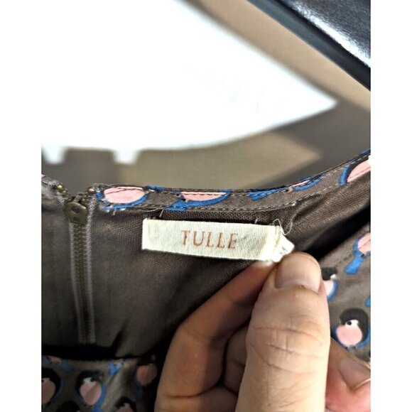 Tulle Anthropologie Shift Dress Medium M Bird Print Taupe Brown Mini Kawaii Cute - Picture 4 of 8